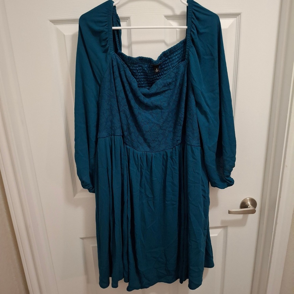 Torrid Teal Lace Smocked Square Neck Long‎ Sleeve Mini Dress Size 5 5x